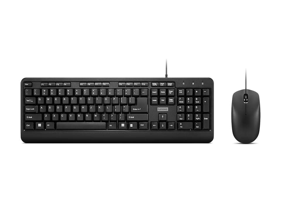 Lenovo 160 Keyboard & Mouse Wired Combo | Waterproof Exoskeleton | Splash Proof Keys | 1600 DPI Full Size Mouse