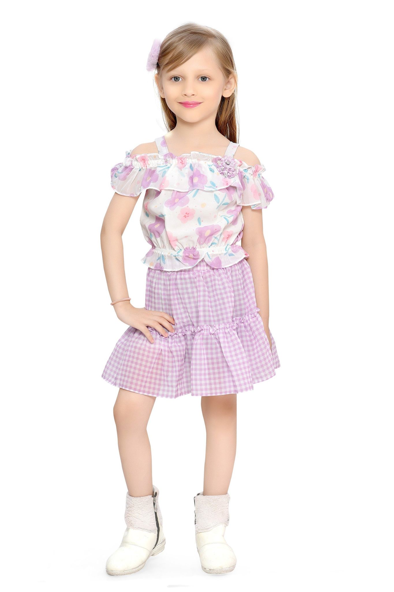 Be:Kids Purple Springtime Whimsy Ruffle Blouse and Gingham Skirt Set