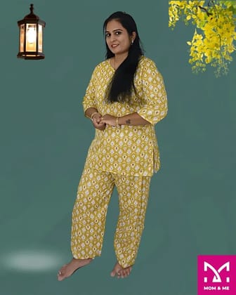 Mom And Me Yellow Kurta & Pyjama Set (L) | Floral Cotton | Casual Loungewear