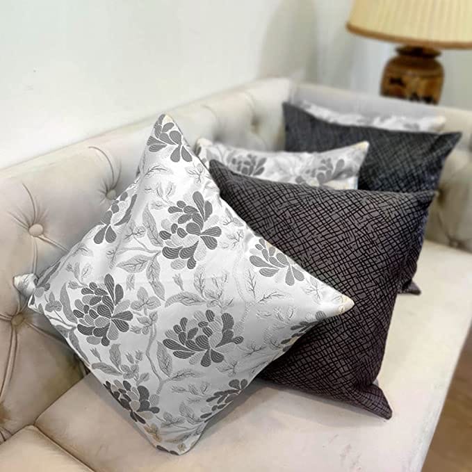 GOODVIBES White Silver Grey Damask/Self Design/Woven Floral Motifs Zipper Square Combo Cushion Covers (24x24 inch or 60 x 60 cm) Set of 5