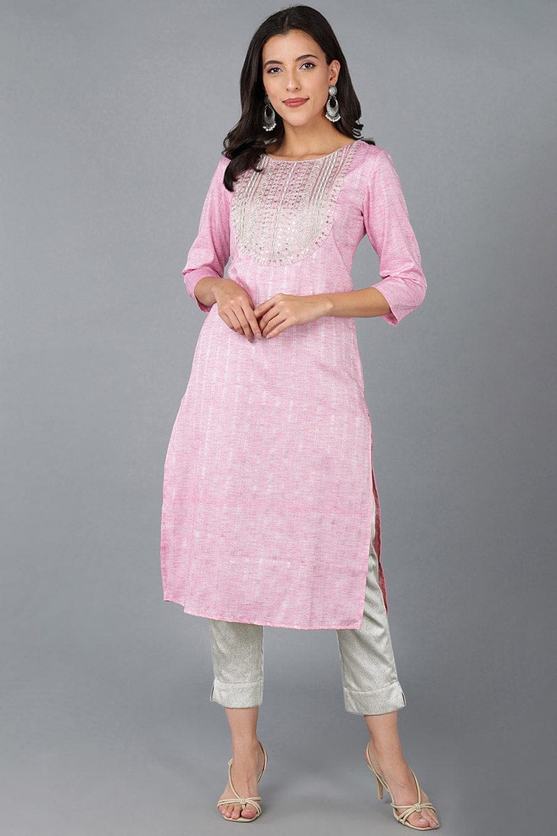 Pink Cotton Solid Yoke Design Straight Kurta VCK8925