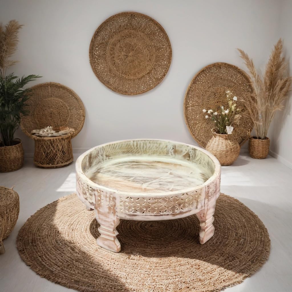 PREET GALLERY Handicrafted Round Wooden Chowki Table � Carved Low Height Coffee Table for Floor Seating, Indian Boho Home Decor | Hand-Carved Round Low Table for Puja