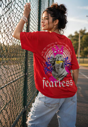 Hue Nox Women's Red Fearless Graphic Oversized T-Shirt