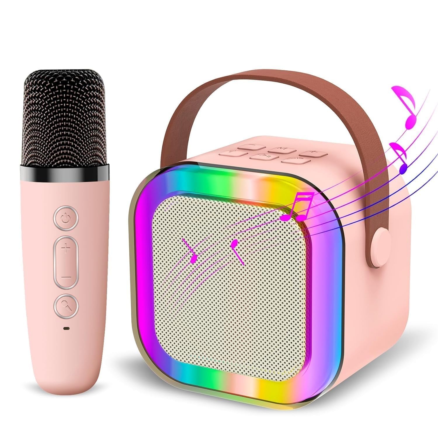 Wireless Bluetooth Karaoke Microphone and Speaker Set, Pink, Portable Design with LED Rainbow Lights, USB Rechargeable