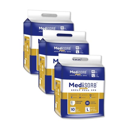 MediSORB Adult Diaper Pants | Large (L) |Waist 101-512 cm (40-60 inches) |High Absorbency -15 Hrs |Rash-Free |Leakproof |Breathable |Odourless |Elastic Waist |For Men & Women | 30 Units, Pack of 3