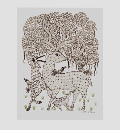 Handcrafted Gond Deer Family with Tree Painting , Traditional Tribal Folk Art of Madhya Pradesh