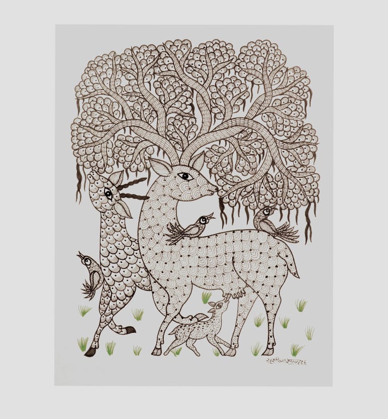 Handcrafted Gond Deer Family with Tree Painting , Traditional Tribal Folk Art of Madhya Pradesh