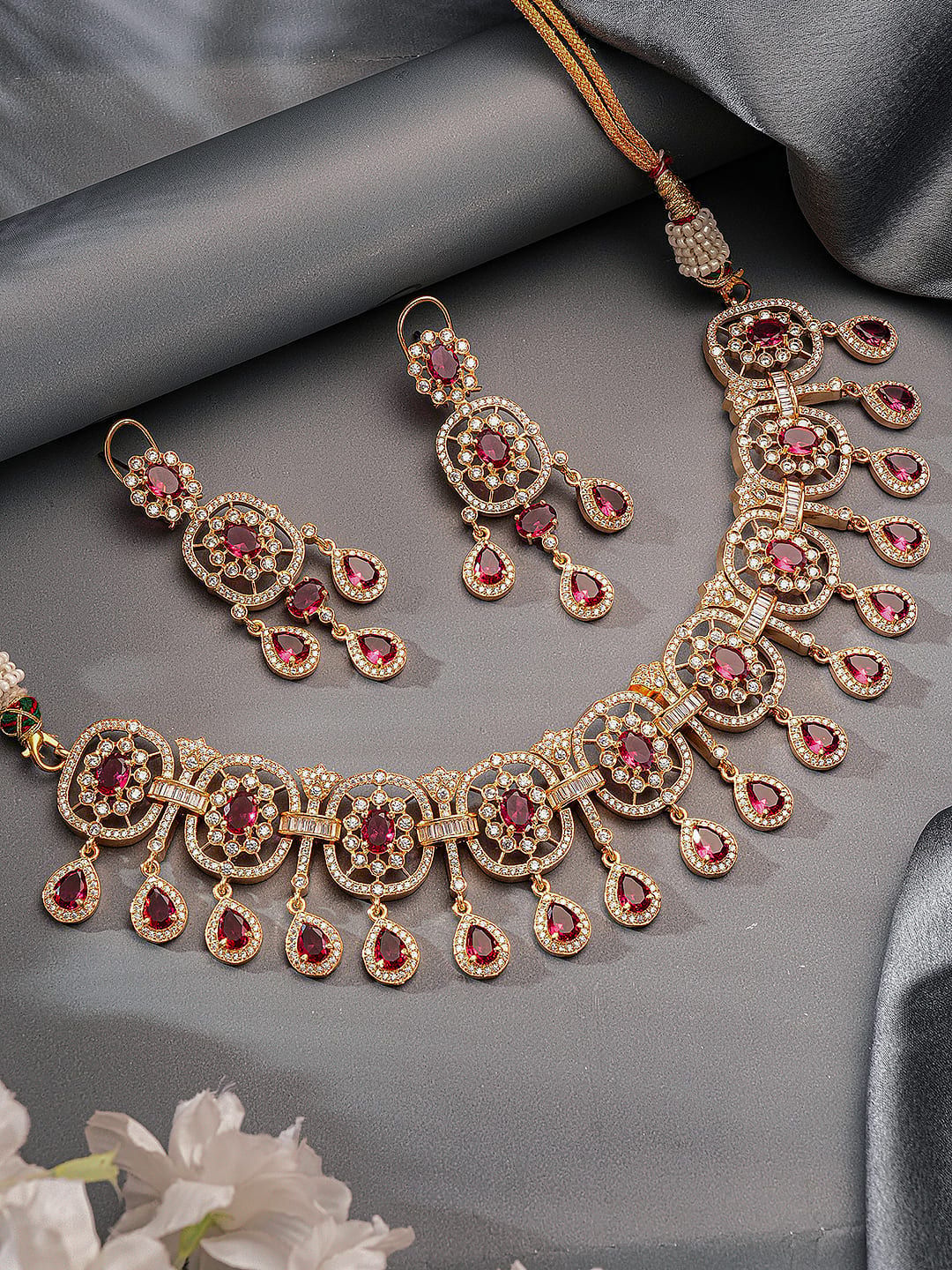 Gold Plated Ruby Red AD Studded Luxe Choker Jewellery Set