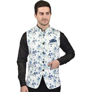 PrintCulture Men Floral Blue Cotton Blend Nehru Jacket
