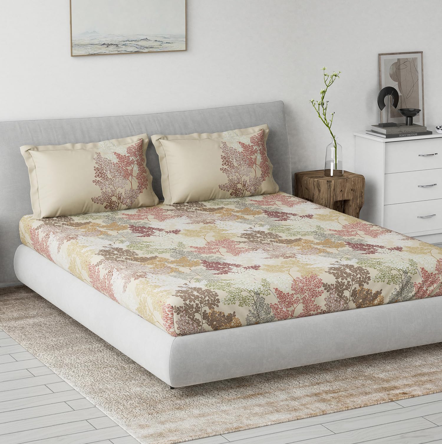 DDECOR - Primary Collection 100% Cotton Leaves Pattern 145TC King Fitted Sheet|180 CM X 198 CM| - Red