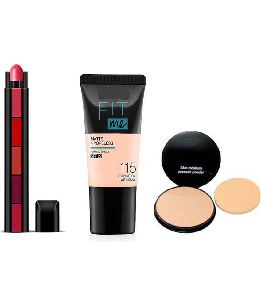 RTB Fab-5 Multicolor Lipstick, Compact Pressed Powder and FitMe Foundation Medium Pack of 3 100 g