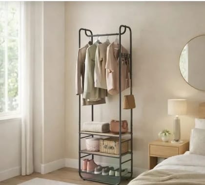 Metal Clothing Rack with Shelves Black powder coated portable for home use and event, shop, showroom, many more height 5 feet width 24inch depth 12inch