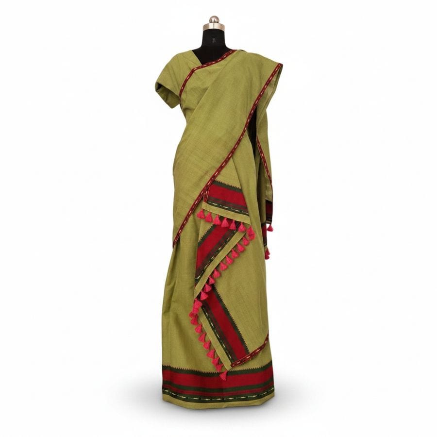Olive Green Cotton Saree with Red Border and Tassels