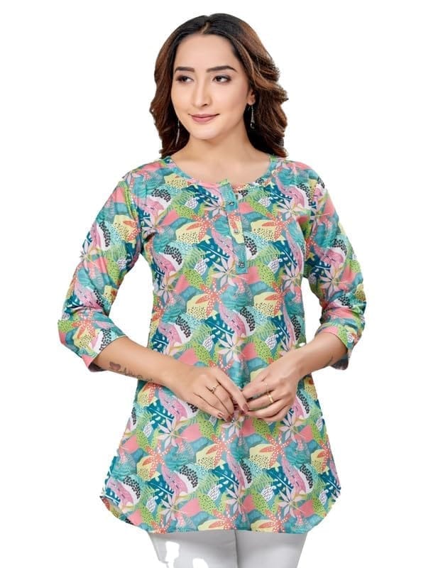 Women's Cotton Blend Round Neck 3/4 Sleeves Short Top (Multicolor, S)-PID56243