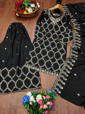 Designer Embroidered Chinon Sharara Suit With Sequence Embroidered Work Designer Embroidered Chinon Sharara Suit With Sequence Embroidered Work