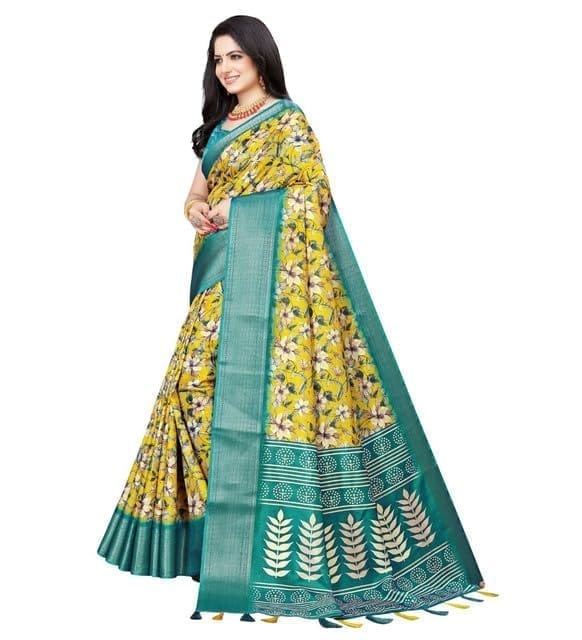 Women's Cotton Silk Floral Printed Saree With Unstitched Blouse 5.5Mtr (Yellow)-PID66676