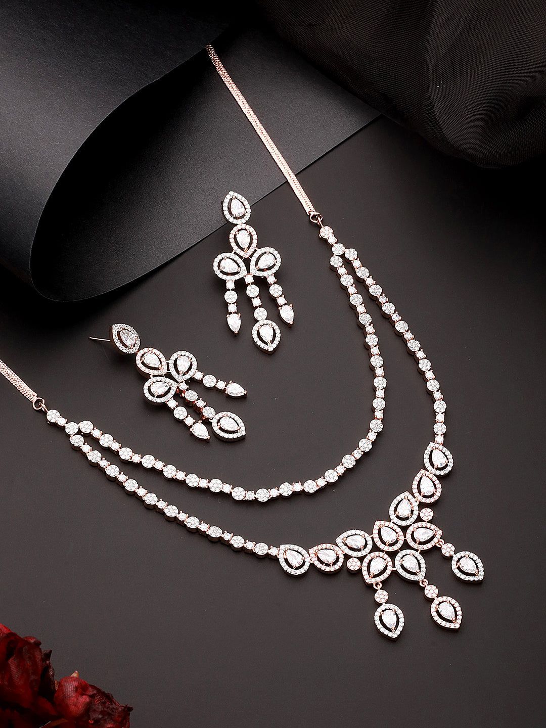 Rose Gold Toned Zircon Studded 2 - Lined Layered Statement Necklace Jewellery Set