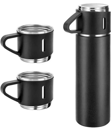 Radhe Thermos Flask Water Bottle & 3 Cups Steel Flask - 500 ml Stainless S - B - - Black Steel Flask ( 500 ml )