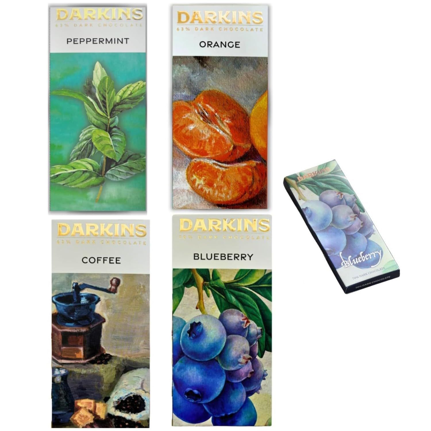 DARKINS Dark Chocolates Combo | 70% Chocolate Blueberry | 65% Chocolate Coffee(Free 35g Blueberry Bar)63% Chocolate Orange | 63% Chocolate Peppermint | Vegan | Gluten-Free | Natural Chocolates Bar | Pack of 4