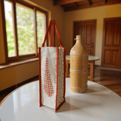 Handcrafted Block Printed Cotton Bottle Bag | Reusable | Rust Handcrafted Block Printed Cotton Bottle Bag | Reusable | Rust
