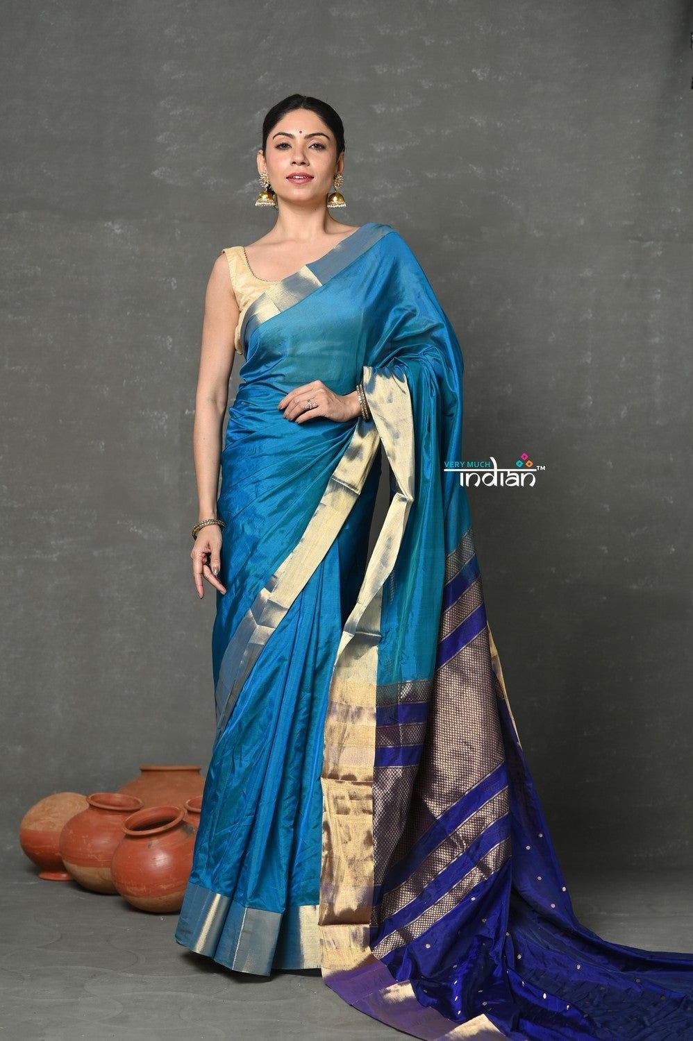 Tyohaar ~ Handloom Pure Chanderi Cotton Silk Saree With Golden Border - Blue