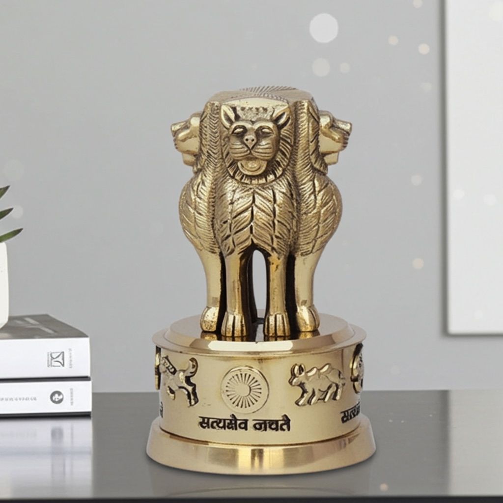 Brass Ashok Stambh Table Statue � Heavy Decorative National Emblem, Height : 6.5 Inch (FMAS670 G)