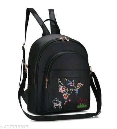 Black Floral Embroidered PU Leather Backpack