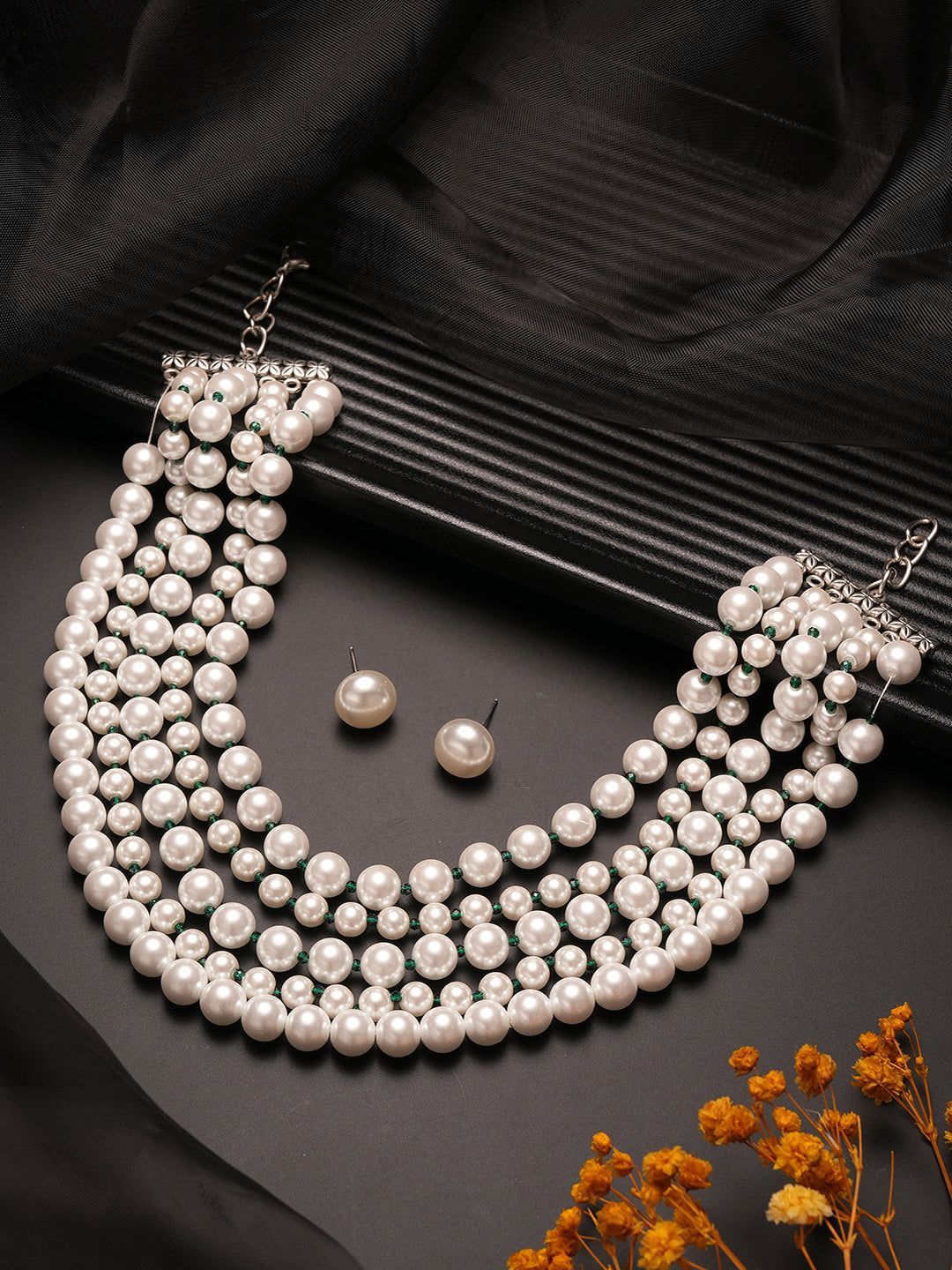 White Pearl Beaded Multi Layered  Trendy Choker Necklace Jewellery Set