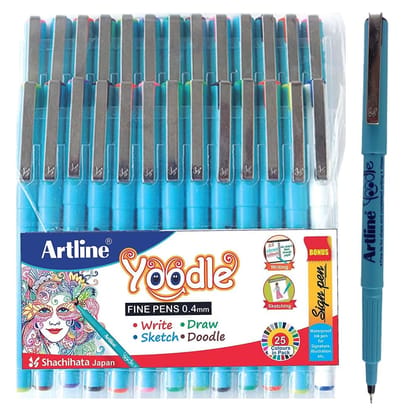 Artline Yoodle Fine Pen 0.4 Pack of 25 with Vibrant Colours | For Artist, Painters Specially in Writing, SKetching, Drawing & Doodling Artline Yoodle Fine Pen 0.4 Pack of 25 with Vibrant Colours | For Artist, Painters Specially in Writing, SKetching, Drawing & Doodling
