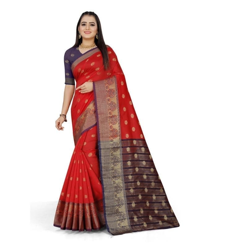 Women's Jacquard Woven Saree With Unstitched Blouse 5.5Mtr (Red)-PID54568