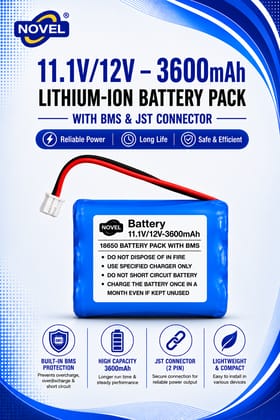 NOVEL 11.1V - 12V 18650 BMS LITHIUM ION BATTERY PACK WITH JST PIN- 3600mAh