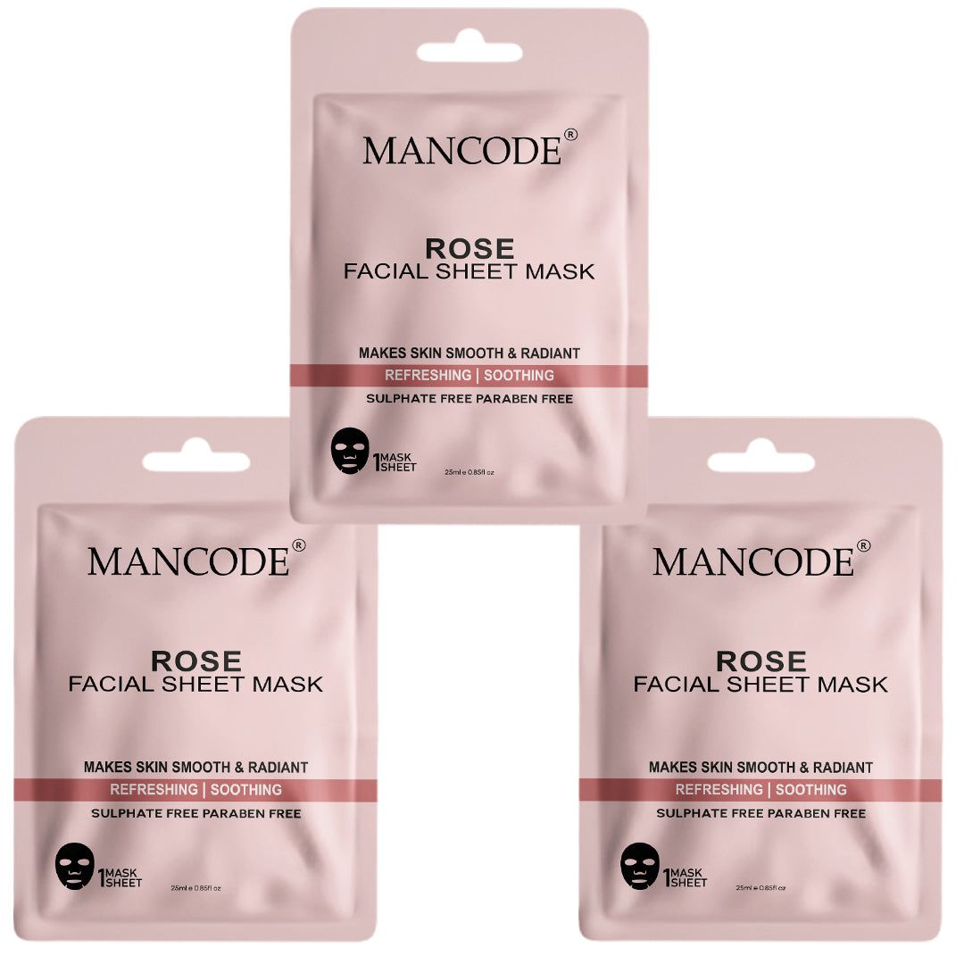 Mancode Rose Facial Sheet Mask Pack of 3 | Hydrating, Soothing & Glow Enhancing Face Masks
