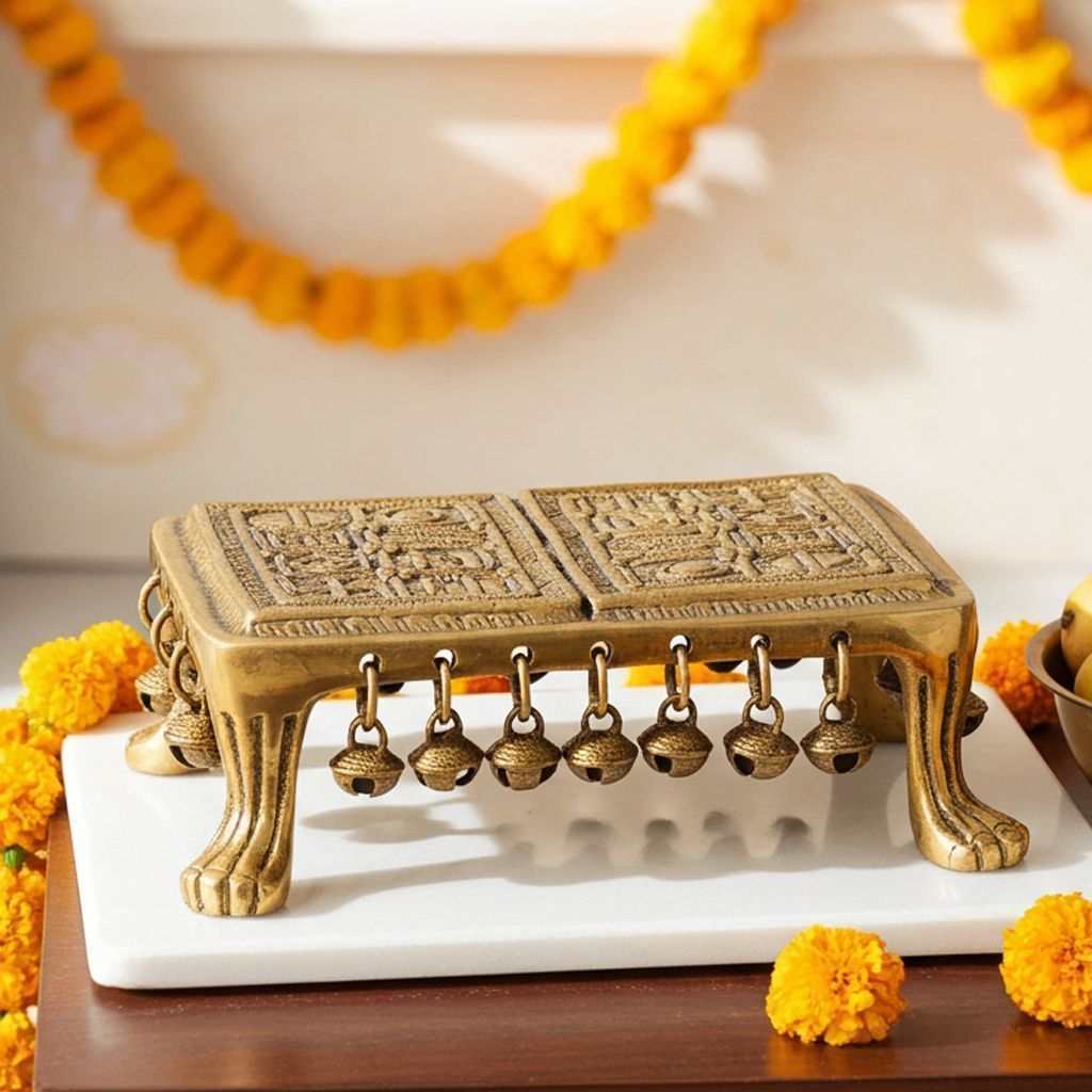 Brass Chowki for God Idol - Premium Handcrafted Temple Stand, Length : 7.4 Inch (BSMAS697 E)