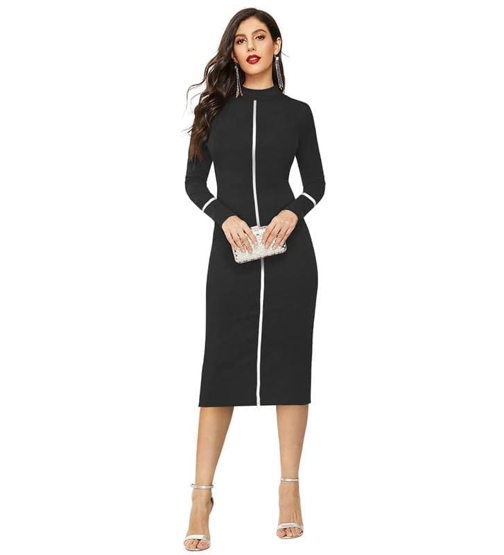 Women's Knitting Stretchable Solid Round Neck Full Sleeve Dresses (Black, M)-PID56809