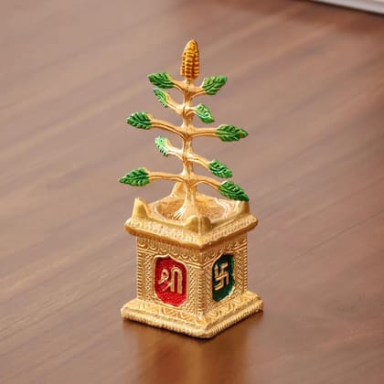 Dreamkraft Graceful Tulsi Plant Decorative Showpiece in Golden Finish - Sacred Figurine for Pooja Room, Home Temple, Office & Gifting - Symbol of Positivity & Devotion (5 x 5 x 14 cm)