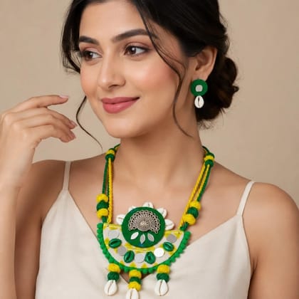 Handmade Fabric Necklace and Earring Set Yellow Green Casual Lightweight Skin Friendly