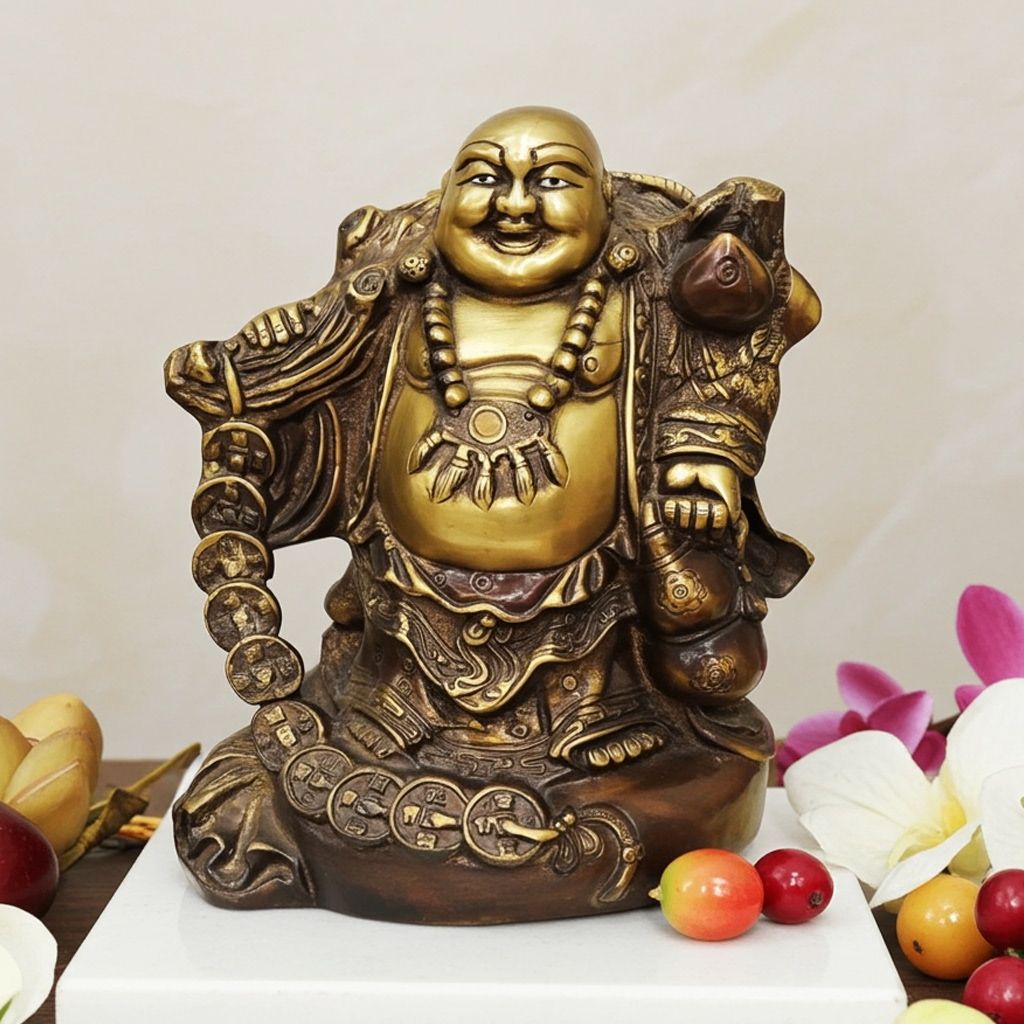 Brass Antique Laughing Buddha Statue - Good Luck Feng Shui Idol, Height : 10.5 Inch (BSMAS795 A)