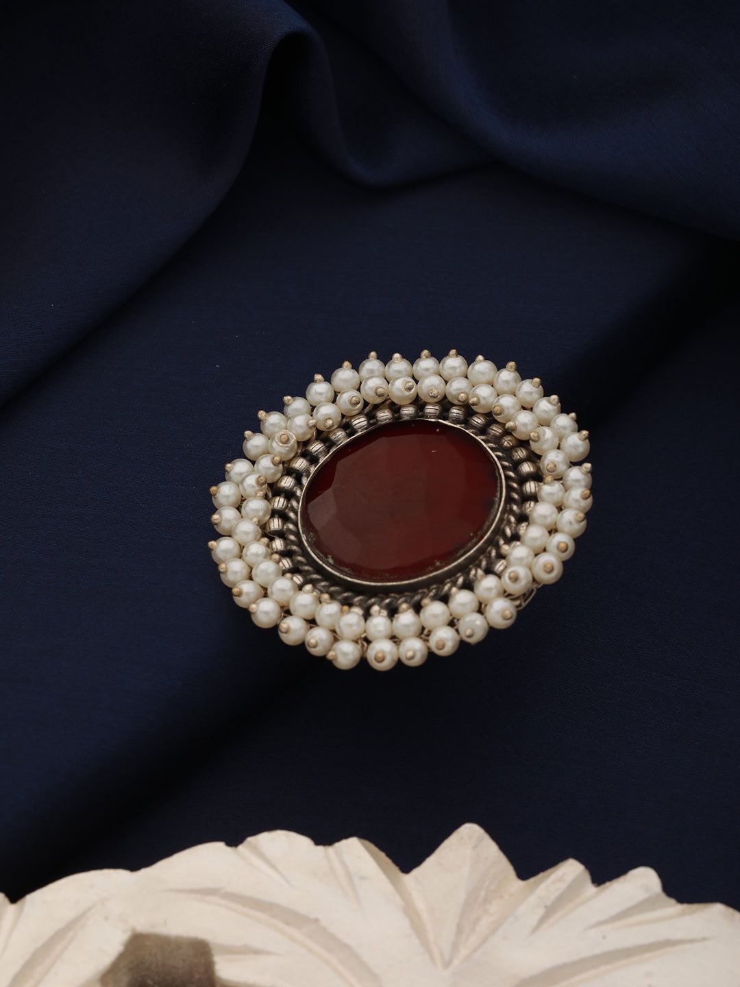Silver Plated Oxidised Red Ruby Pearl Beaded Adjustable Finger Ring