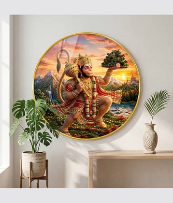 saf Lord Hanuman Wall Painting with PVC Round Frame Digital Reprint 16 inch x 16 inch Painting (With Frame)