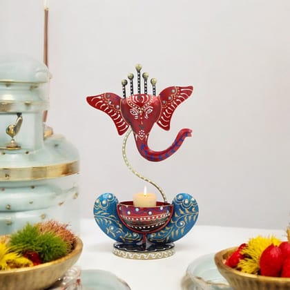 Lord Ganesha Design T-Light Holder - Red & Blue