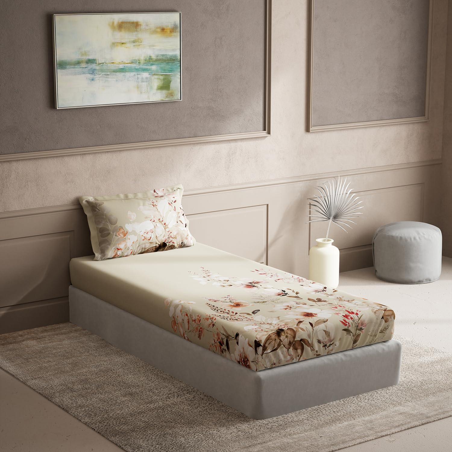 DDECOR - Cherish Collection 100% Cotton Floral Pattern 150TC Single Bedsheet|152 CM X 224 CM| - Beige