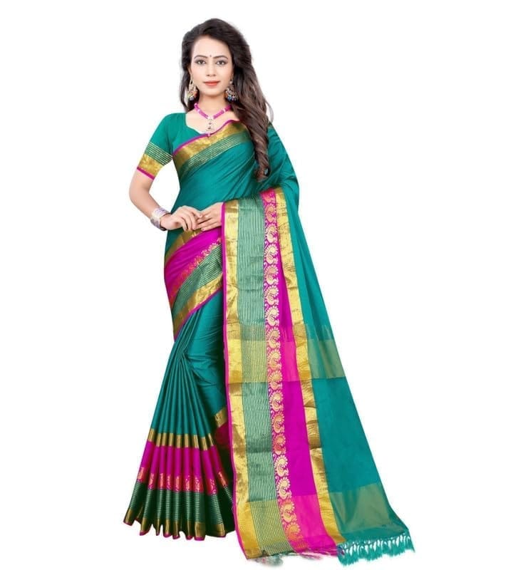 Women's Jacquard Woven Saree With Unstitched Blouse 5.5Mtr (Dark Green)-PID54482