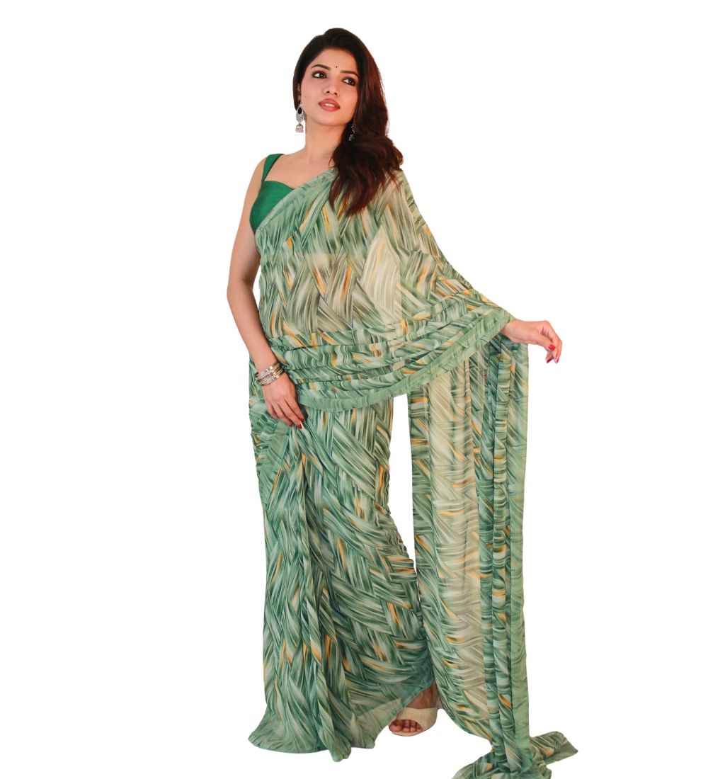 GENERIC Women's Georgette Printed Saree With Unstitched Blouse 5.5Mtr (Green)-PID67514