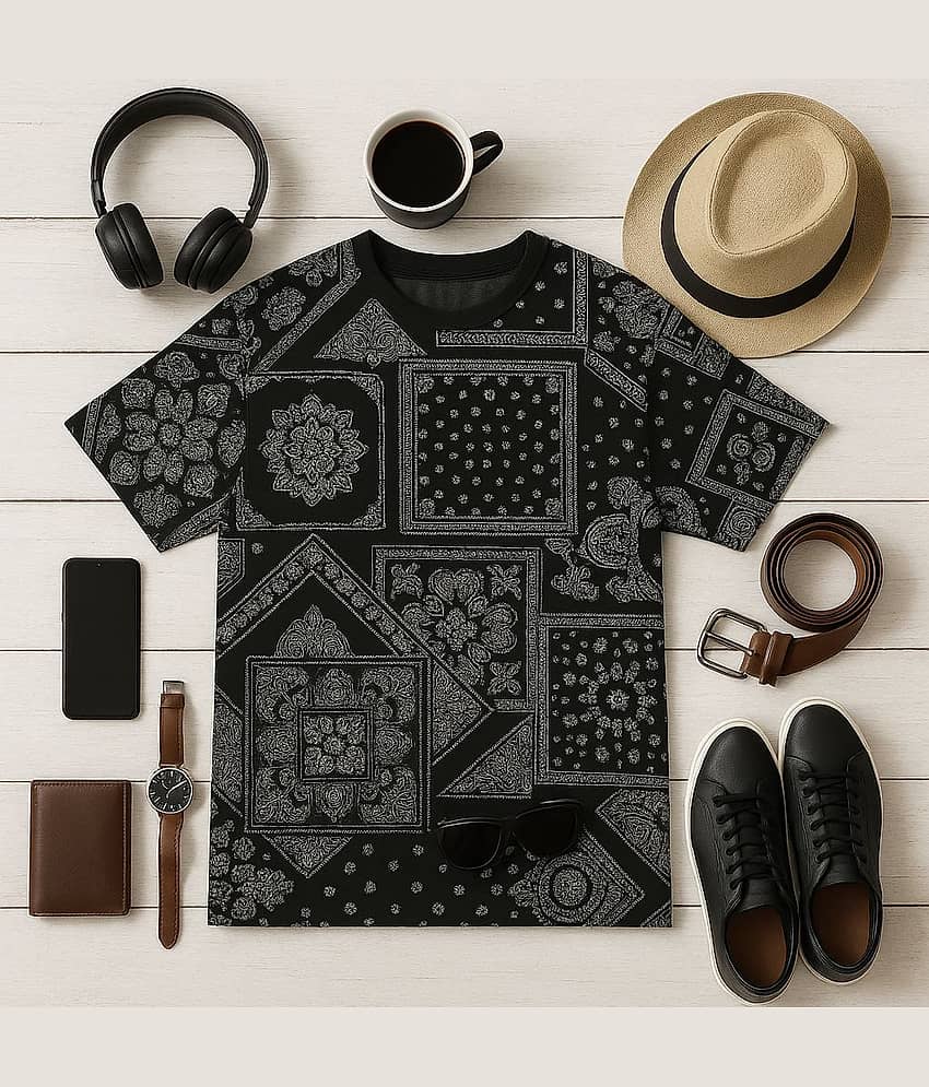 AUSTIZ Men Cotton Blend Regular Fit Printed T-Shirt ( Black )