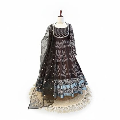 Brown Embroidered Ethnic Kurta Set with Net Dupatta