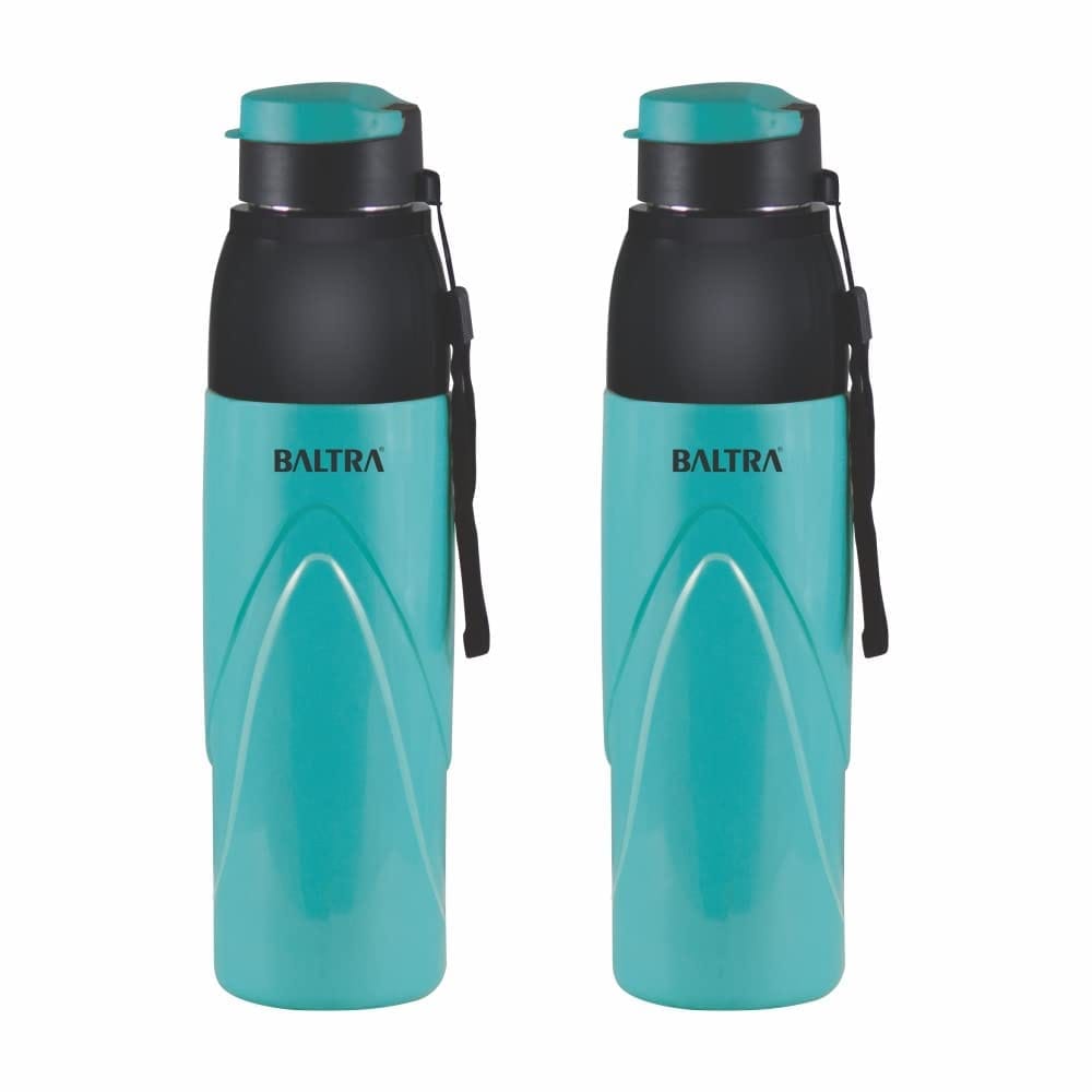 BALTRA Thrust Hot & Cold Stainless Steel Water Bottle with Inner Steel and Outer Plastic (Turquoise, 850 ml) Pack of 2