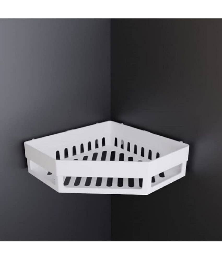 HINGOL Diamond Shape Plastic Bathroom Corner Shelf Organizer Stand Wall Mounted Bathroom Accessories with Hooks Plastic Wall Shelf