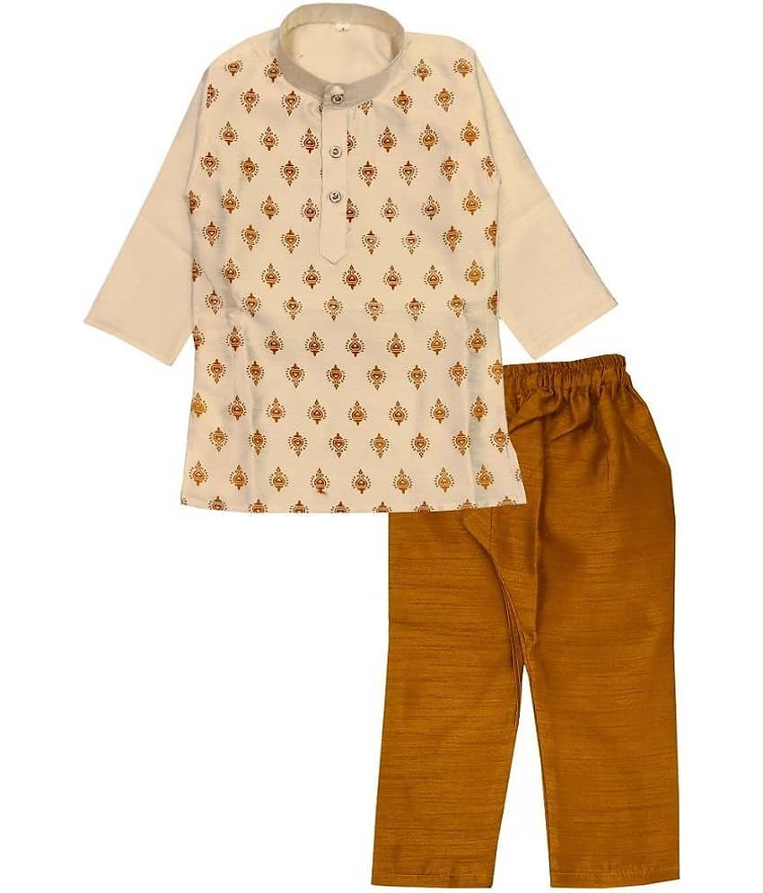 LITTLE PANDA Single Baby Boys Silk Printed Stitched Kurta Pyjama ( Yellow )