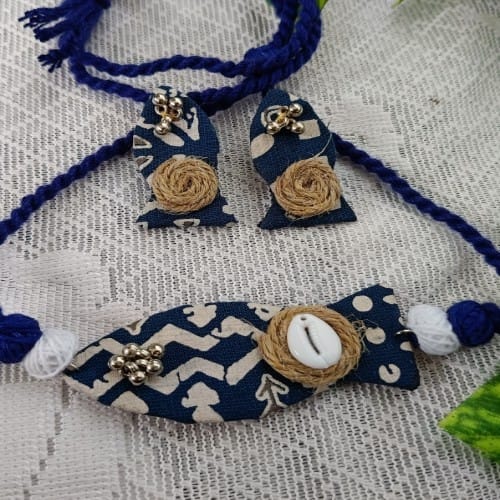 Indigo Print Fish Handmade Choker With Earrings Set