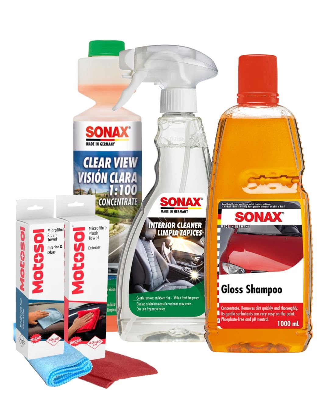 SONAX Complete Car Care Kit | Gloss Shampoo for Exterior Shine | Interior Cleaner for Dashboard & Upholstery | Clear View Liquid for Windscreen + Microfiber Cloth to Clean Car Winshield & Glass